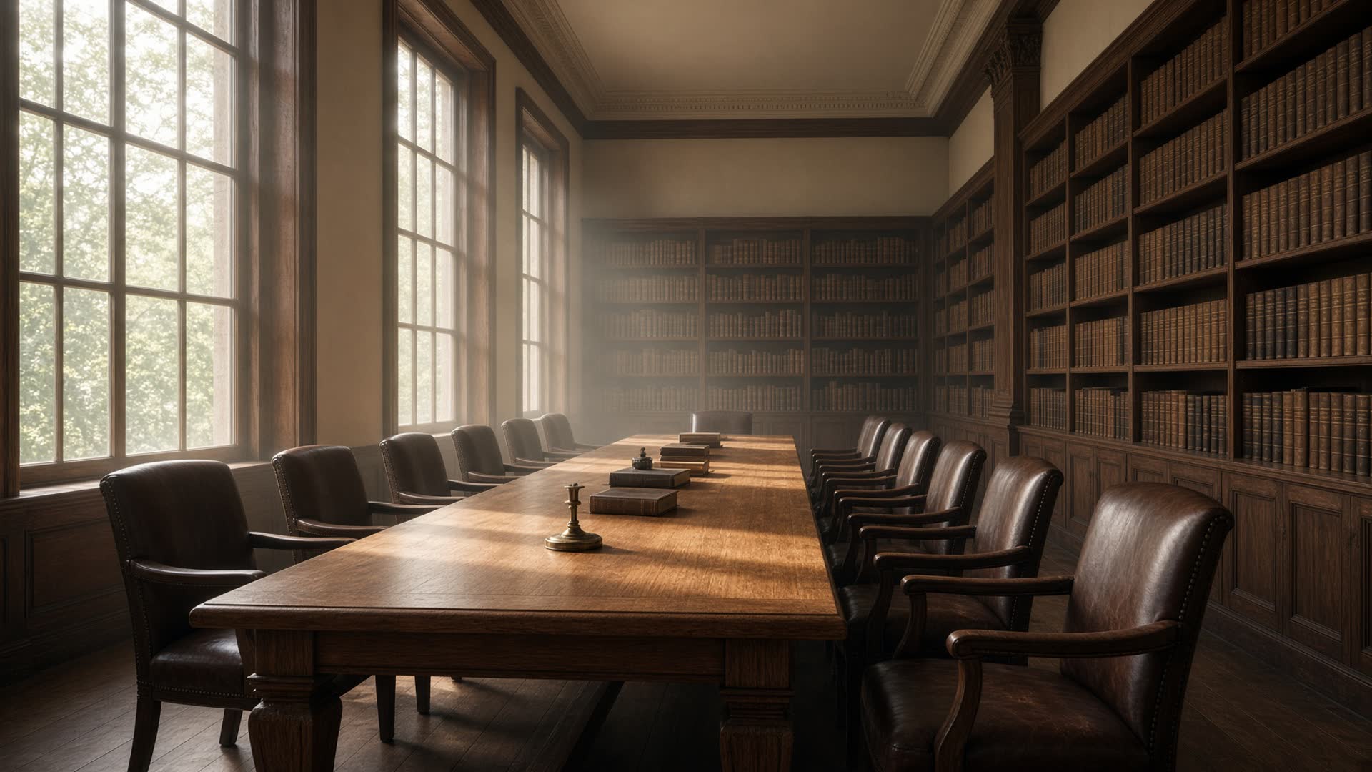 A wood-panelled library and long table in afternoon light